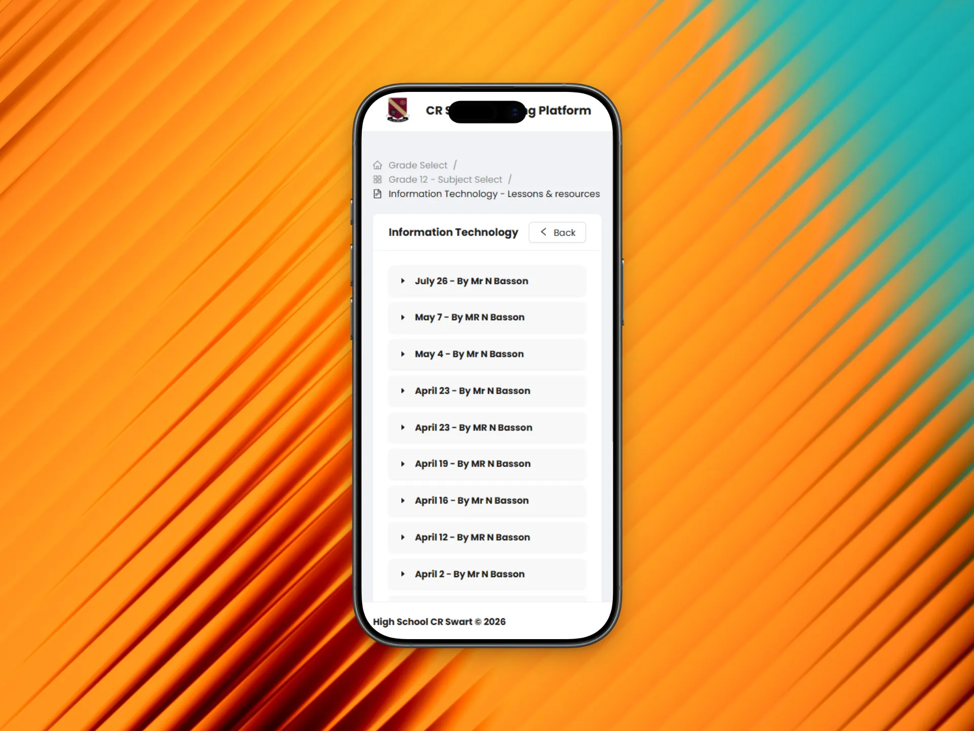 CR Swart LMS — Grade 8 subject selection with 12 subjects