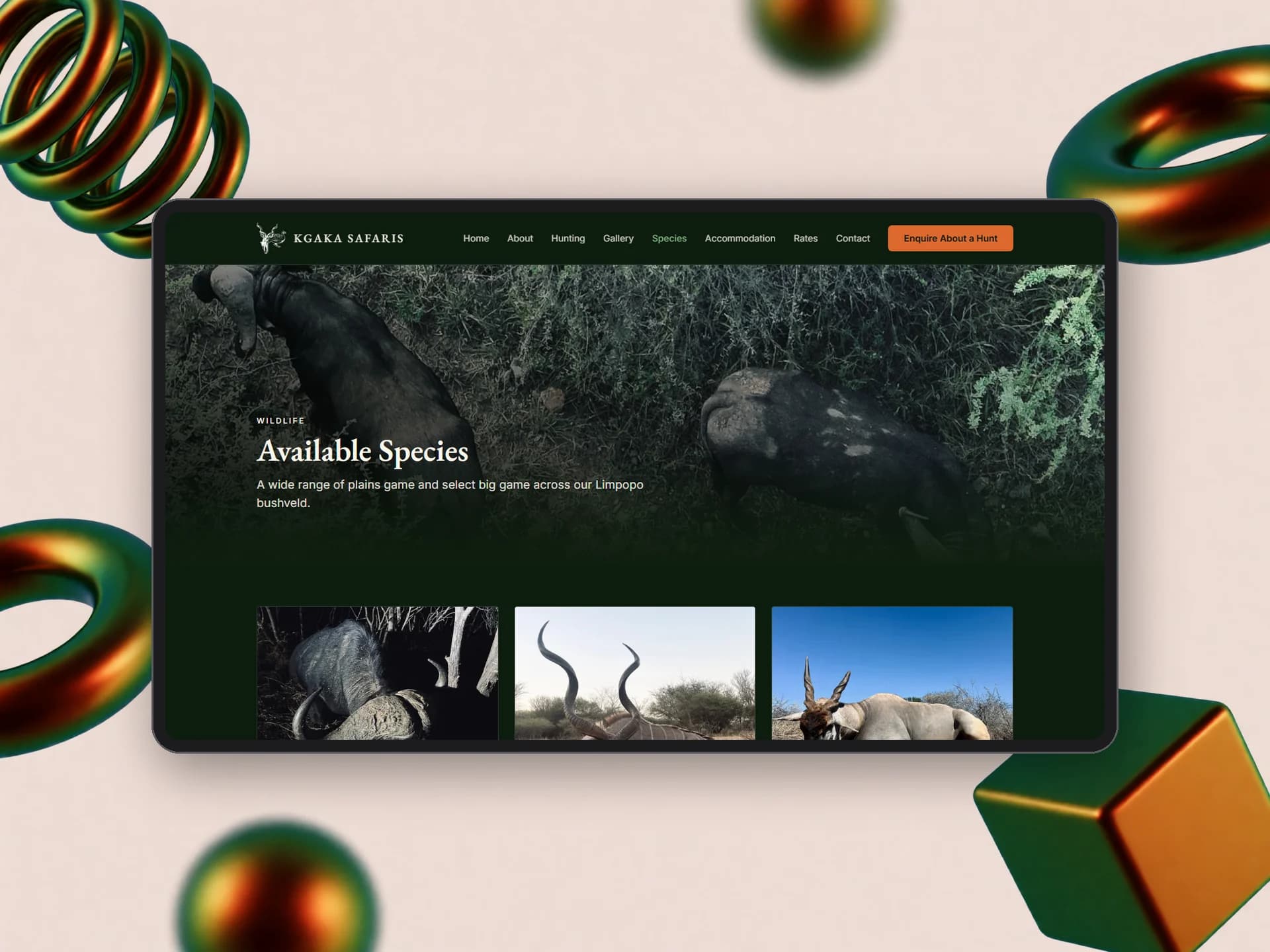 Kgaka Safaris species page with trophy photographs