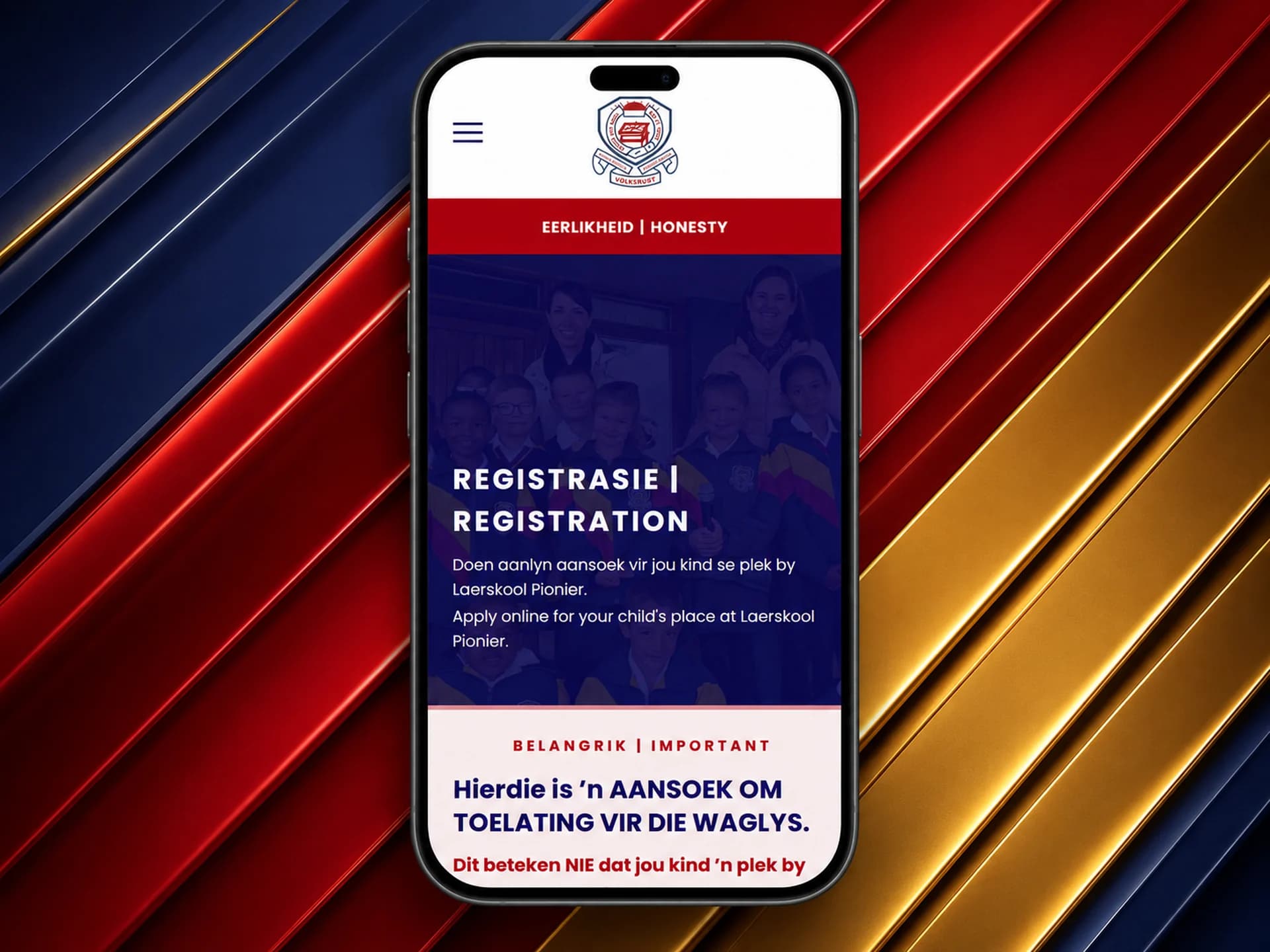 Laerskool Pionier online registration portal on a phone