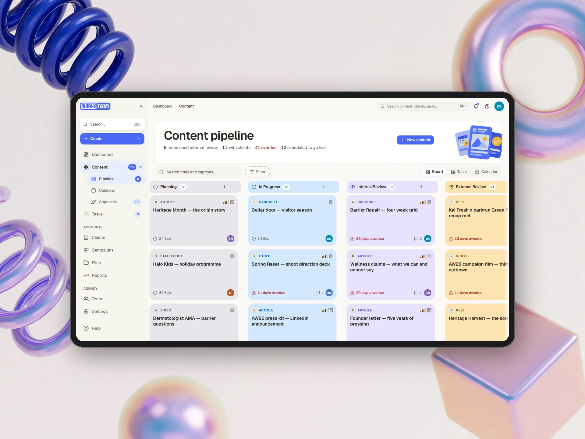 MarkeTeam content pipeline kanban board with seven status columns