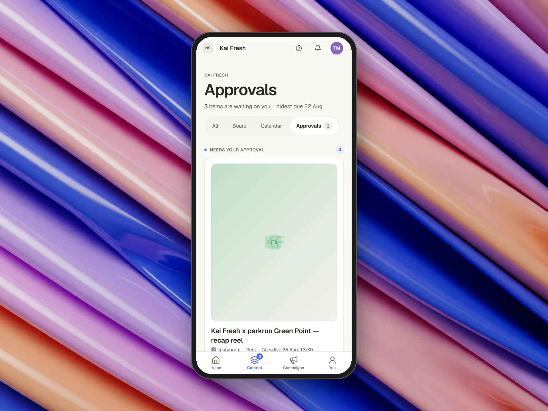 MarkeTeam client portal approval queue on a phone