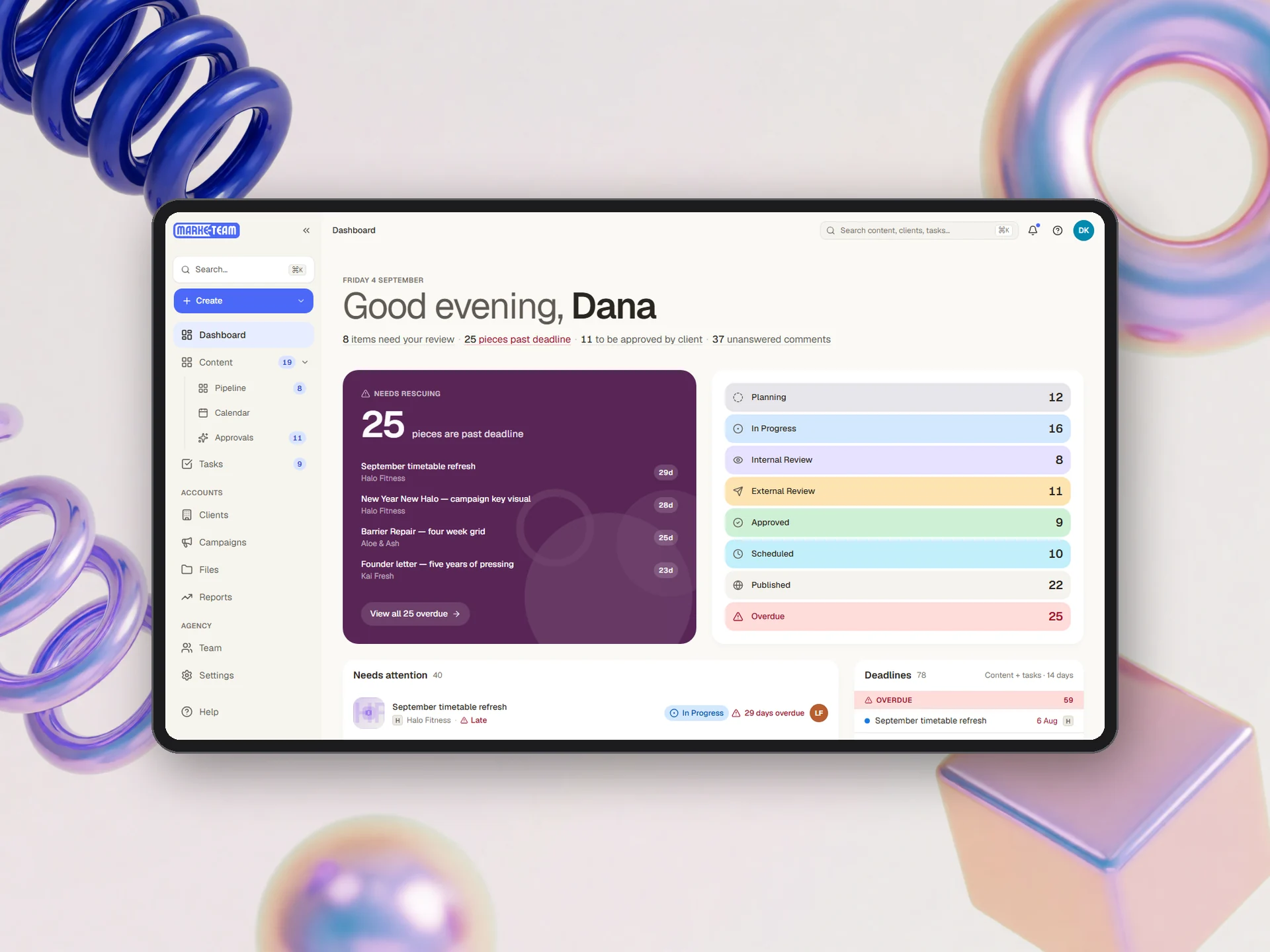 MarkeTeam HQ dashboard on mobile