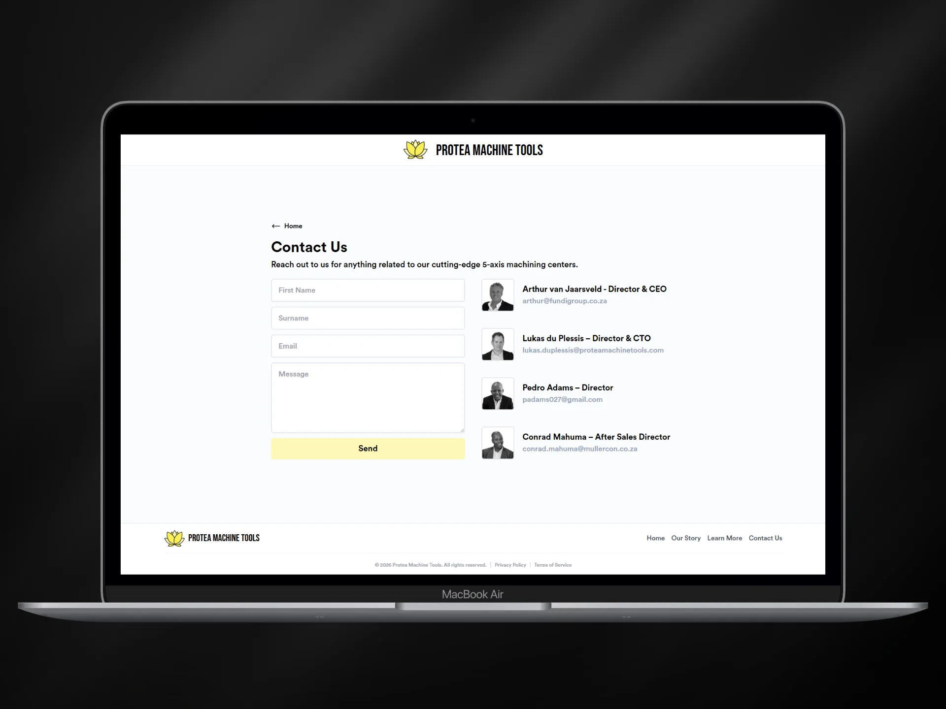 Protea Machine Tools — Learn More page on mobile