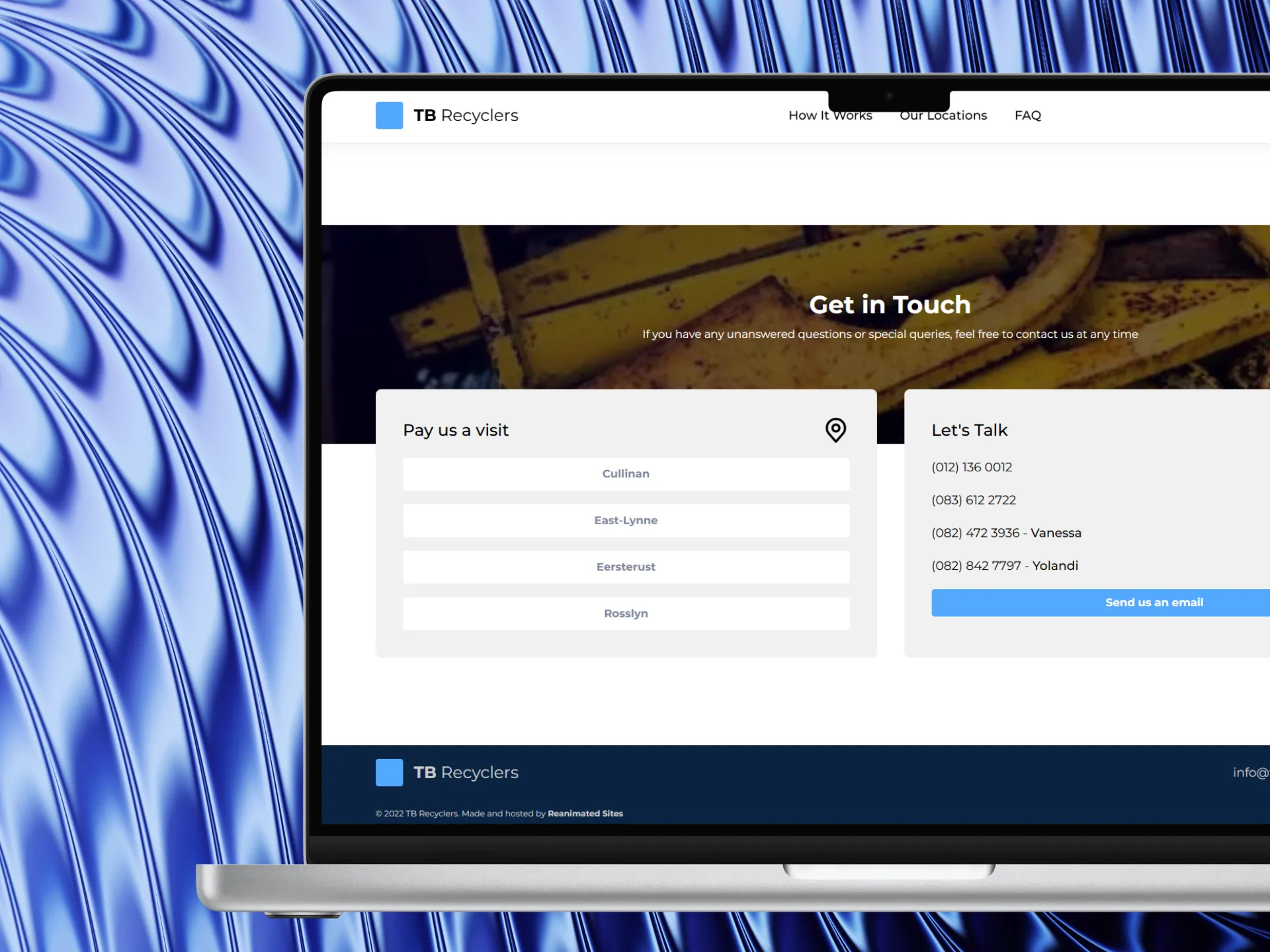TB Recyclers — Get in Touch section on mobile