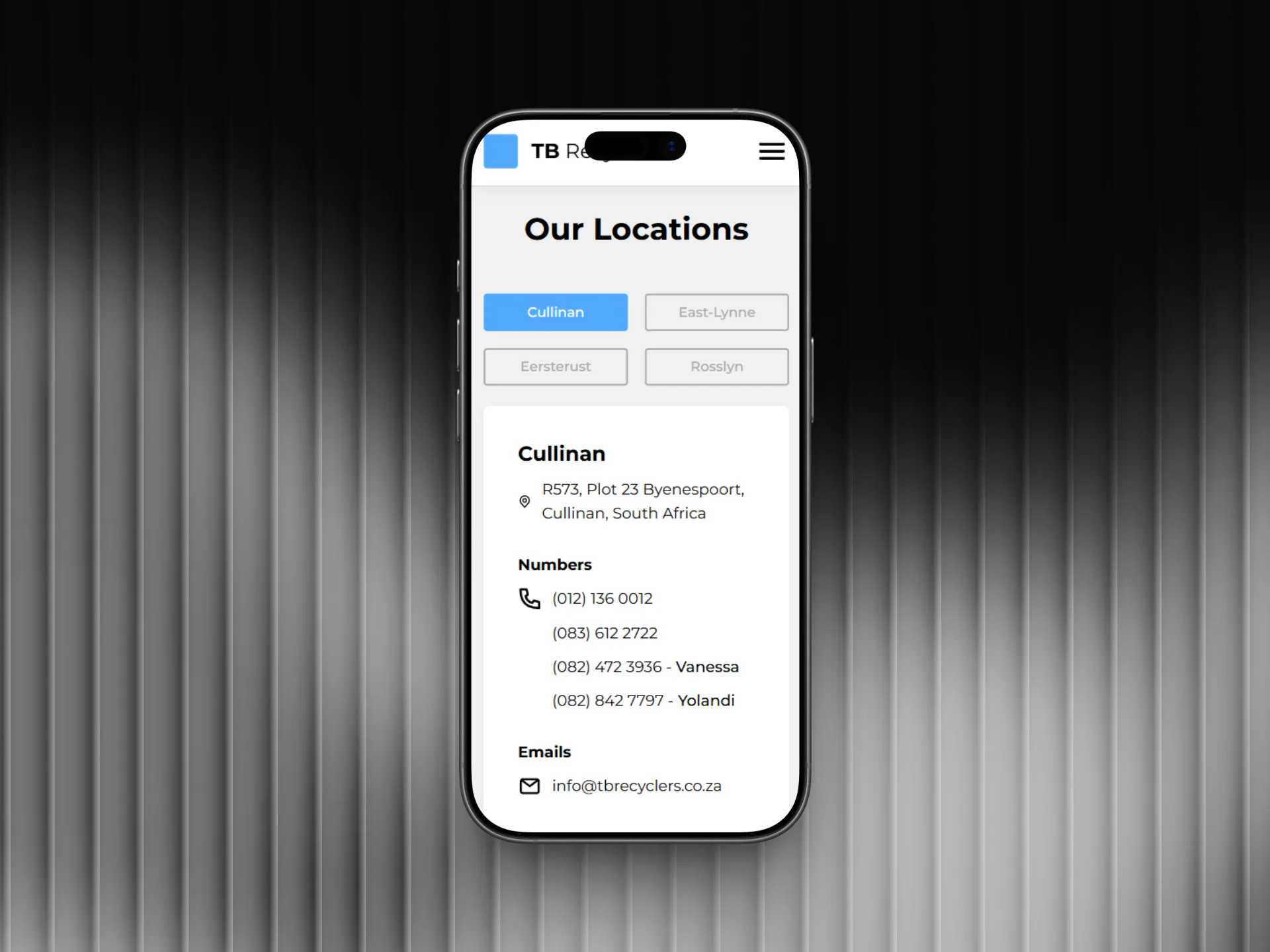 TB Recyclers — Our Locations section with interactive branch maps