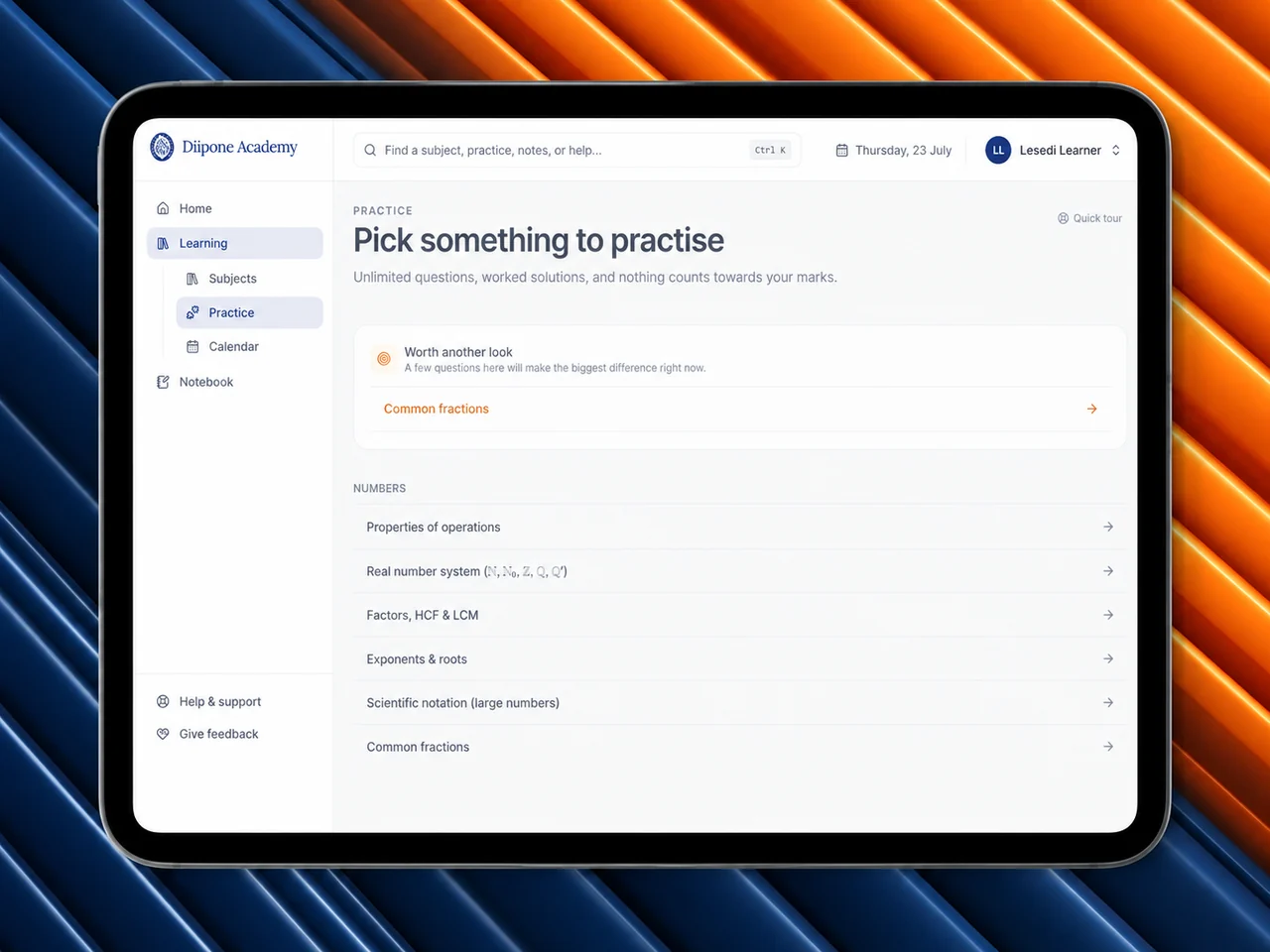 IdleLearn learner practice page with personalised topic suggestions