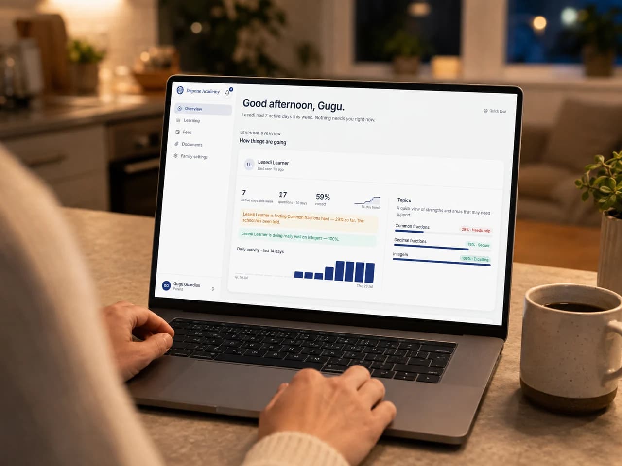 IdleLearn parent overview with learning signals and topic mastery