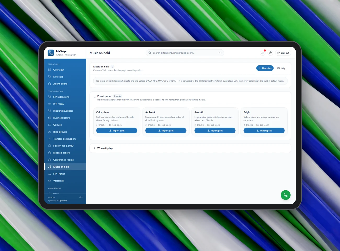 IdleVoip music on hold packs and IVR announcements